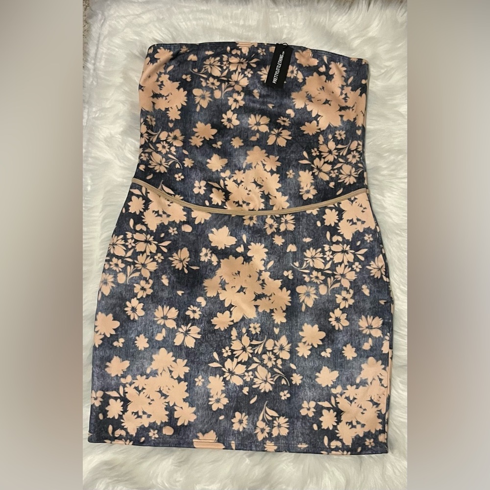 Blue Printed Faux Suede Bandeau Bodycon Dress - Picture 4 of 4